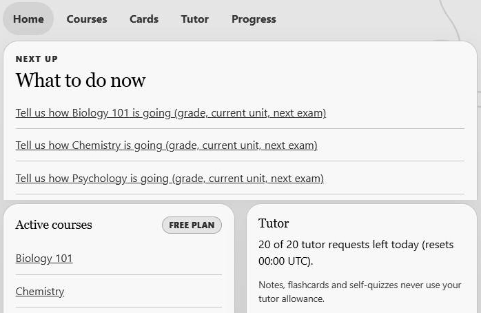 Glasshouse home screen for a test student using sample data